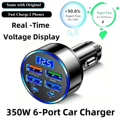 Adaptador de Carro 6-em-1 com Carregamento Rápido 3.1A, Display Digital, para Smartphones, Tablets e Power Banks, Carregador Portátil Preto
