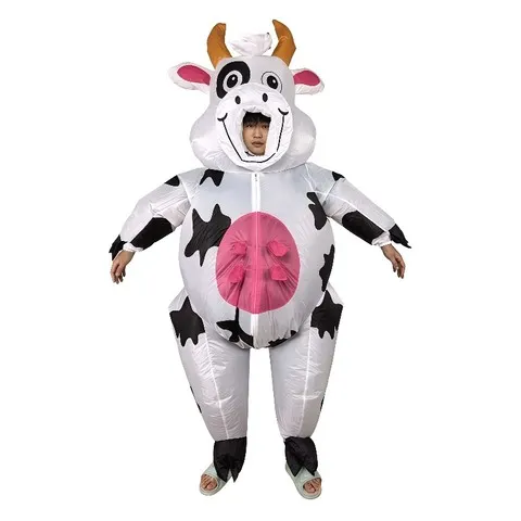 Fantasia de vaca insuflável engraçada para o Halloween, fato de vaca manchada de corpo inteiro para festas de máscaras, aniversários e jogos de interpretação de personagens.