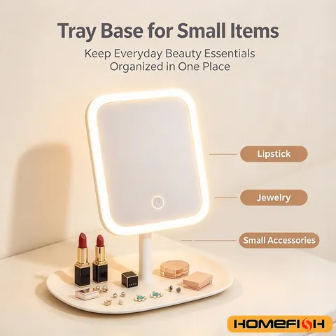 Espelho de Maquiagem de Mesa com Luz LED de 3 Cores, Espelho de Toque para Quarto Feminino