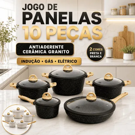 🍳 Jogo de Panelas 10 Peças Antiaderente Cerâmica Revestimento Granito Branco Preta Alta Durabilidade