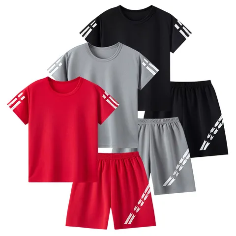 Conjunto de 2/4 Peças para Meninos, Cor Sólida, Secagem Rápida, Respirável, para Crianças Grandes, Esportivo, Solto, para Corrida, Caminhada e Atividades ao Ar Livre, com Camiseta de Manga Curta e Shorts