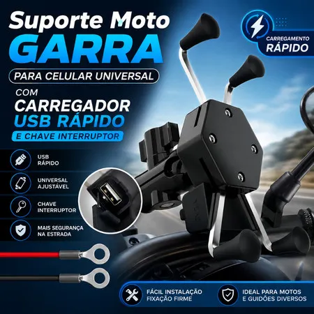 Suporte Garra para Celular Moto Universal Ajustável com Carregador Usb
