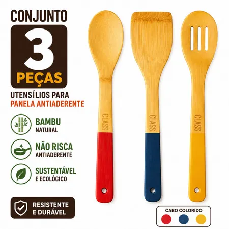 Conjunto 3 Peças Utensílios de Bambu para Panela Antiaderente Não Risca Cabo Colorido Vintage