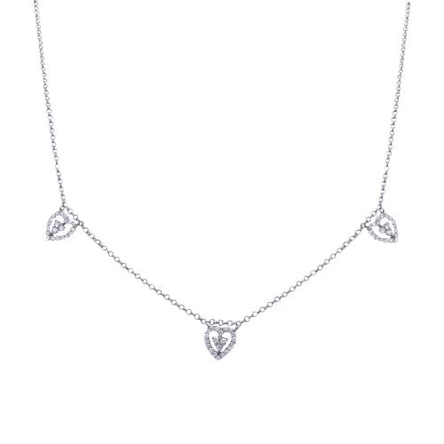 Colar 3 Corações em Ouro Branco 18K com Diamantes