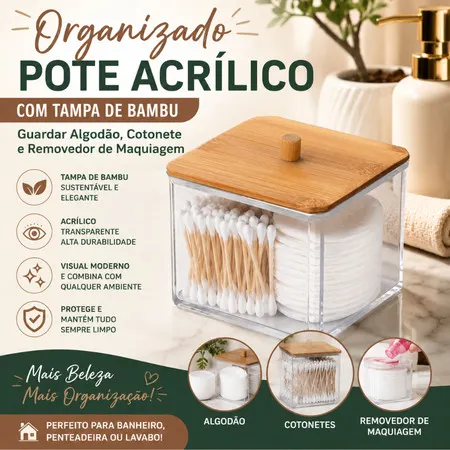 Organizado Pote Acrílico Cotonetes Tampa Bambu Guardar Algodão Cotonete Removedor de Maquiagem