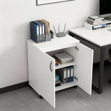Armário Baixo 2 Portas Rodízios Branco MDF Aparador Escritório Home Office 60cm Multiuso Horizontal
