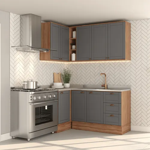 Armário de Cozinha Completa com Balcão Milla Whisper One Carraro Nogal com Cinza Titânio