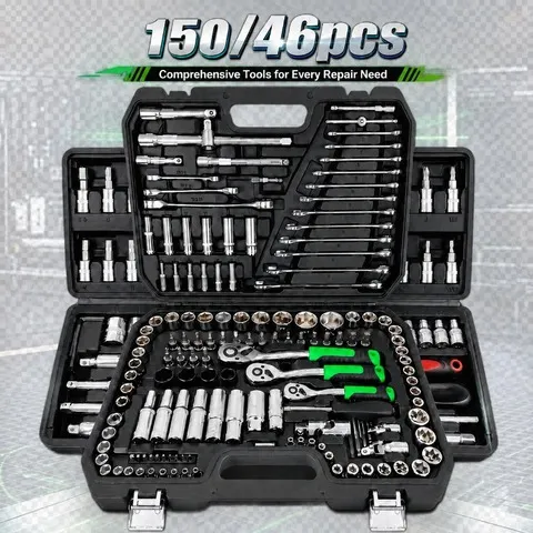 Conjunto de Chaves de Soquete e Catraca Premium de Alta Resistência CR-V com 150/46 Peças, Kit de Ferramentas Multifuncional para Reparação Mecânica Automotiva com Estojo de Armazenamento