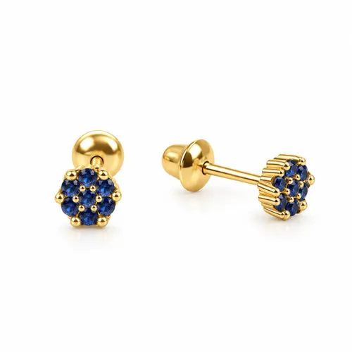 Brinco Flor Zircônia Azul em Ouro 18K