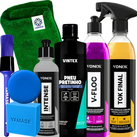 Kit Estética Automotiva Vonixx V-Floc Tok Final Intense 240ml Pneu Pretinho Pano Pincel e Aplicador