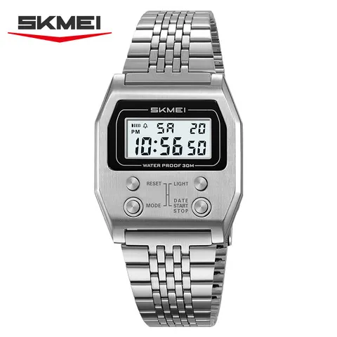 Relógio Digital Esportivo Masculino SKMEI 2460 à Prova D'Água em Aço Inoxidável Luxuoso Retro com Alarme LED Relógio Eletrônico Masculino Reloj Hombr