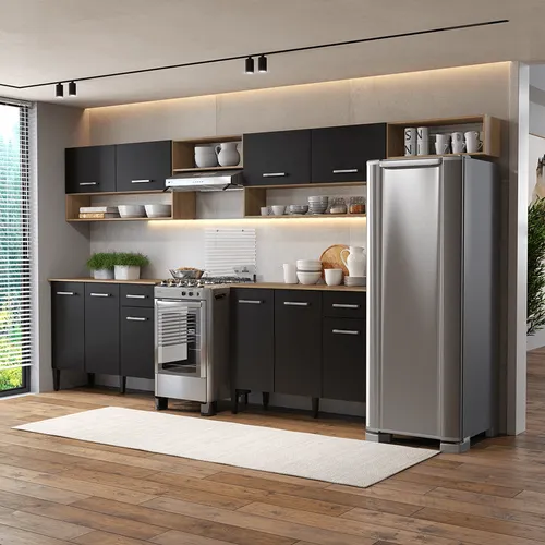 Armário de Cozinha Compacta Arizona Elite Carraro Carvalho com Preto