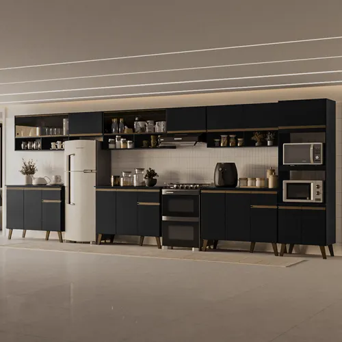 Armário de Cozinha Completa Atlanta Rise com Vidro Carraro Preto Touch