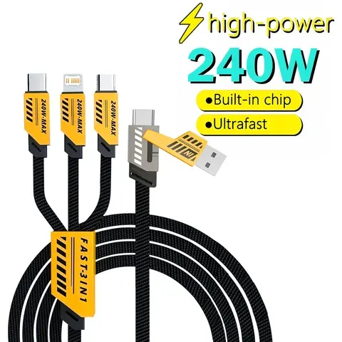 Cabo de carregamento rápido 240W 3 em 2 de 1,2m com Micro USB, Tipo C e carregador multi USB para iPhone e Huawei
