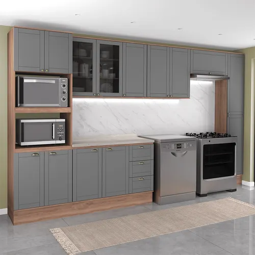 Armário de Cozinha Completa com Balcão Milla Way Carraro Nogal com Cinza Titânio