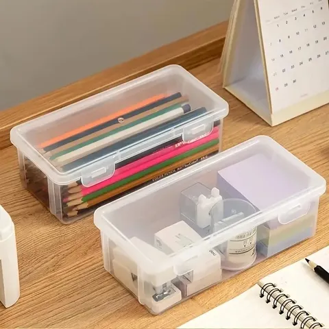 1/5 Caixa de lápis transparente de plástico, organizador de armazenamento para material escolar e de escritório, para canetas, marcadores, borrachas, fitas adesivas, autocolantes e contas.