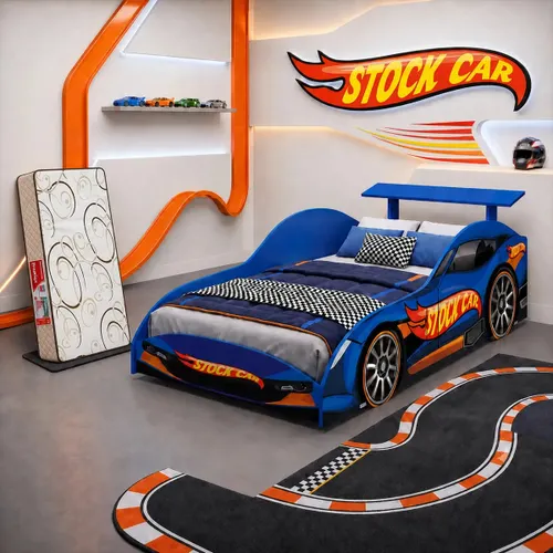 Cama Juvenil Infantil com Colchão Móveis Bela Stock Car Azul para Menino