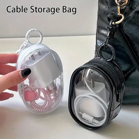 Mini bolsa de armazenamento portátil com zíper transparente, organizador de cabos que economiza espaço para carregadores de fones de ouvido, versátil com prático laço de chaveiro