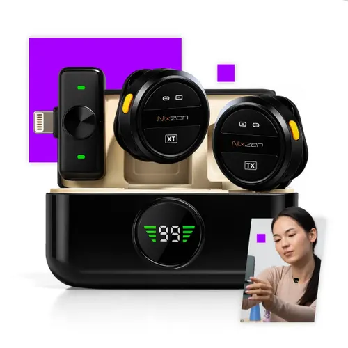 Microfone Lapela Redondo sem Fio Duplo Anti Ruído Lightning P/ iPhone 8 ao 14 com Caixinha para Carregamento Celular Youtuber Video Gravação TikTok Instagram Vlog Portátil Redondinho Cor Preto Nixzen