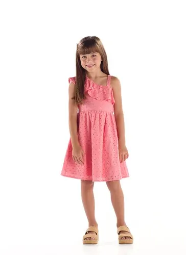 Vestido Infantil Verão em Laise com Babado Rosa Claro