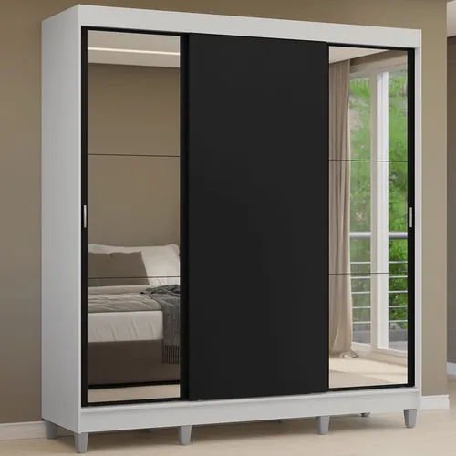 Guarda-Roupa Casal com Pés 3 Portas de Correr com Espelhos Branco/Preto Reno Madesa