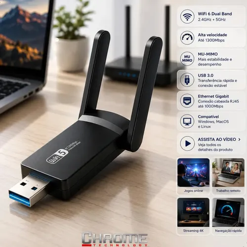 Adaptador Wifi Computador Pc Notebook Jogos Usb 3.0 Dual Band 5ghz Wifi 6 - Placa de Rede Wifi Gigabit Alta Velocidade Mu-mimo - Adaptador Ethernet Usb Rj45 Rtl8812bu Compatível C/ Mac Windows Linux.
