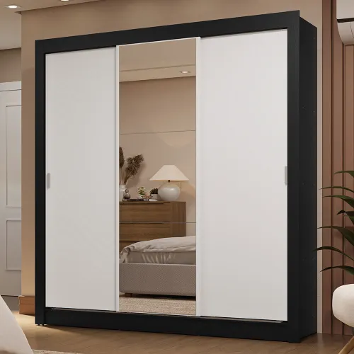 Guarda-Roupa Casal 3 Portas de Correr com Espelho 2 Gavetas Preto/Branco Sublime Madesa
