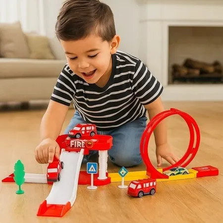 Brinquedo Pista Bombeiro Presente Veiculo Lança Ambulância Estacionamento 3 Carrinhos Criança
