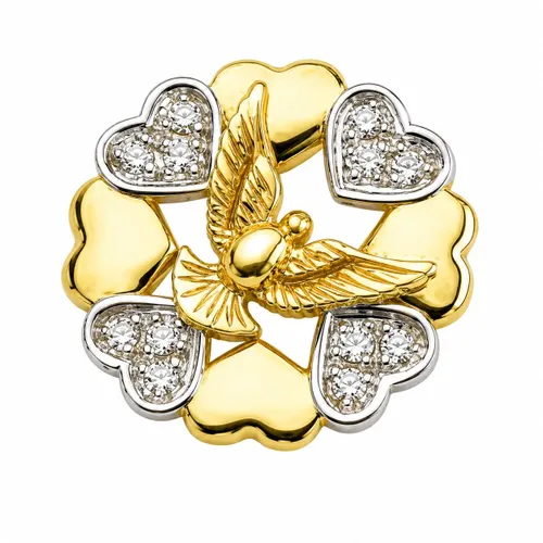 Pingente Pomba 1,5 cm com 4 Corações e Zircônias em Ouro 18K
