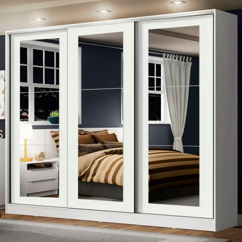 Guarda-Roupa Casal 100% MDF Madesa Eros 3 Portas de Correr de Espelho Branco
