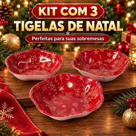 Kit 3 Pote Tigela Potinhos Sobremesa Natal 15cm Plástico Resistente Mesa Posta Vermelho Branco Dourado