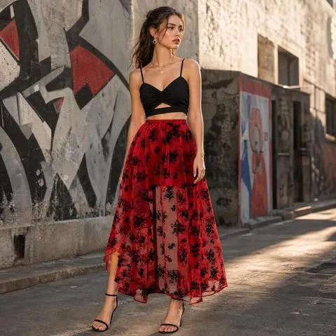 Saia Longa de Tule de Cintura Alta para Mulheres, Tecido de Poliéster em Camadas Transparente, Base Vermelha com Flocagem Preta, Traje de Palco Casual para Festas