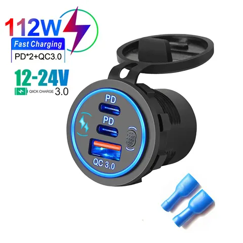 3 portas de carga rápida dupla pd & qc 3.0 112w abertura carregador de carro tomada para 12v 24v motocicleta barco caminhão marinho atv