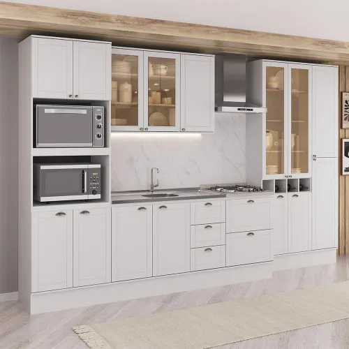 Armário de Cozinha Completa com Balcão Milla Linear Carraro Branco