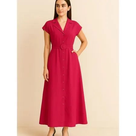 REF: AS1872 - Vestido longo feminino com cinto e fecho de botão na frente.