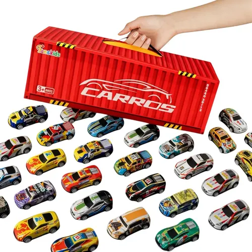 Kit 48 Mini Carrinhos de Fricção de Metal com 2 Pistas com Container Afortunado Imports