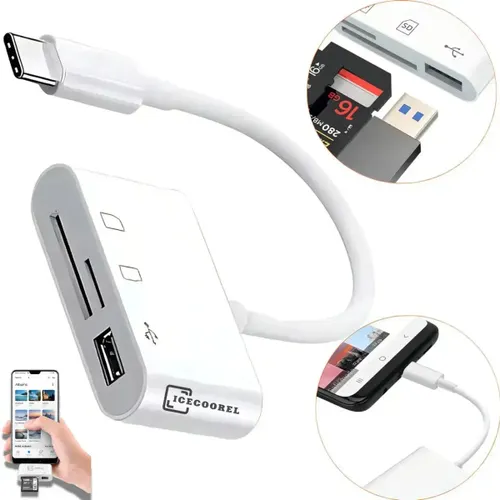 Adaptador Usb Tipo C Leitor de Cartão de Memória 3 em 1 Usb 3.0 Sd Micro Sd Otg Compatível com iPhone 15 16 17 Android Samsung Notebook Macbook Velocidade Rápida de Fotos Vídeos Branco Ice Coorel Ic10