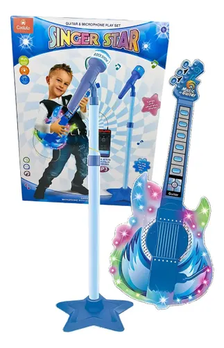 Guitarra Musical Infantil Castela Azul com Som, Luzes e Microfone