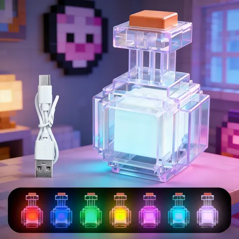 Luminária Noturna Recarregável em Formato de Garrafa de Poção, LED com Mudança de Cor (7 Cores), Estilo Pixel, Design Periférico, Luz Ambiente, Decoração para Casa, Brinquedo