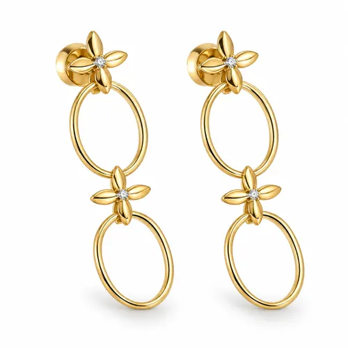 Brinco 4,5 cm com 2 Elos, 2 Flores e 4 Pontos de Diamante em Ouro 18k