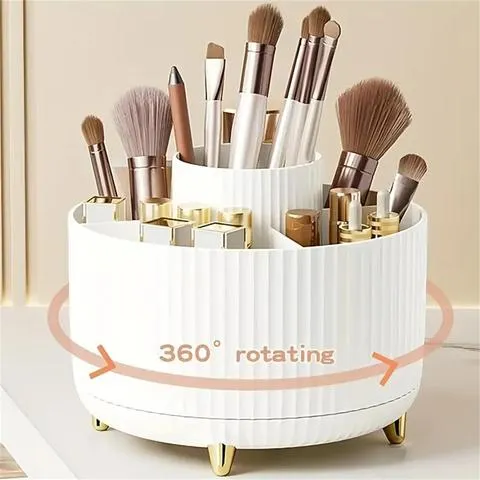 360 °   Organizador de maquiagem giratório - 1 unidade de armazenamento de cosméticos de plástico com 5 compartimentos - Suporte multifuncional para pincéis
