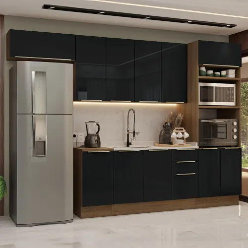 Armário de Cozinha Completa 310 x 60 cm Rustic/Preto Lux Madesa 01