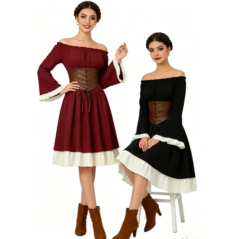Vestido Midi Medieval Renascentista Feminino, Fantasia de Cosplay de Pirata, Ombro Descoberto, Manga Longa Evasê, Cintura com Corpete, Traje Gótico Vintage