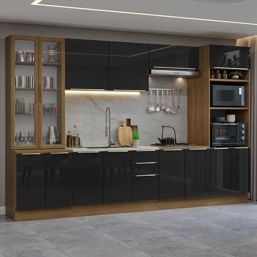 Armário de Cozinha Completa 340 x 60 cm Rustic/Preto Lux Madesa 02