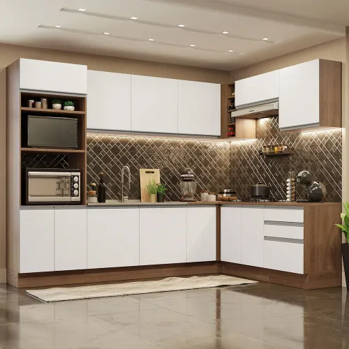 Armário de Cozinha Completa de Canto 479cm Rustic Branco Glamy Madesa 01