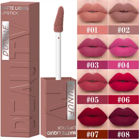 DUNUF Batom Líquido Matte de 8 Cores, Textura Velveteada, Fácil de Aplicar, Tubo Quadrado, À Prova d'Água, Efeito Volumizador Tridimensional