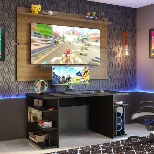 Mesa para Computador Gamer Madesa 9409 e Painel para TV até 65 Polegadas Preto/Rustic