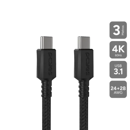 Cabo USB-C 3.1 para USB-C 3.1 PCYES 100W 4K 60Hz Nylon 3 Metros PUCP3P