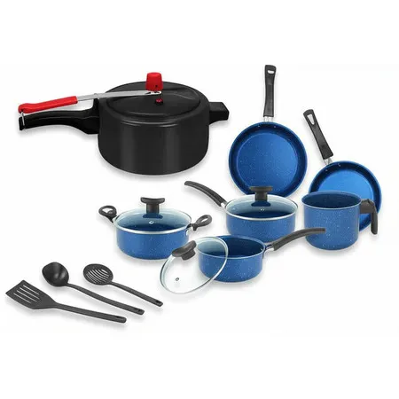 Conjunto Kit Jogo de Panela Completo Cor Azul Galaxia com Panela de Pressao