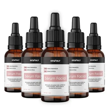 Kit com 5x Sérum Facial G2 Gevitaly 30ml Niacinamida 10% + Zinco PCA 1% para Skincare Controle de Oleosidade e Acne